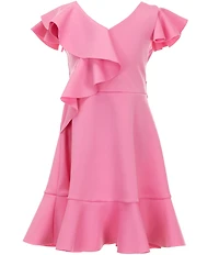 Bonnie Jean Big Girls Flutter-Sleeve Solid Cascading-Ruffle Scuba-Knit Fit-And-Flare Dress
