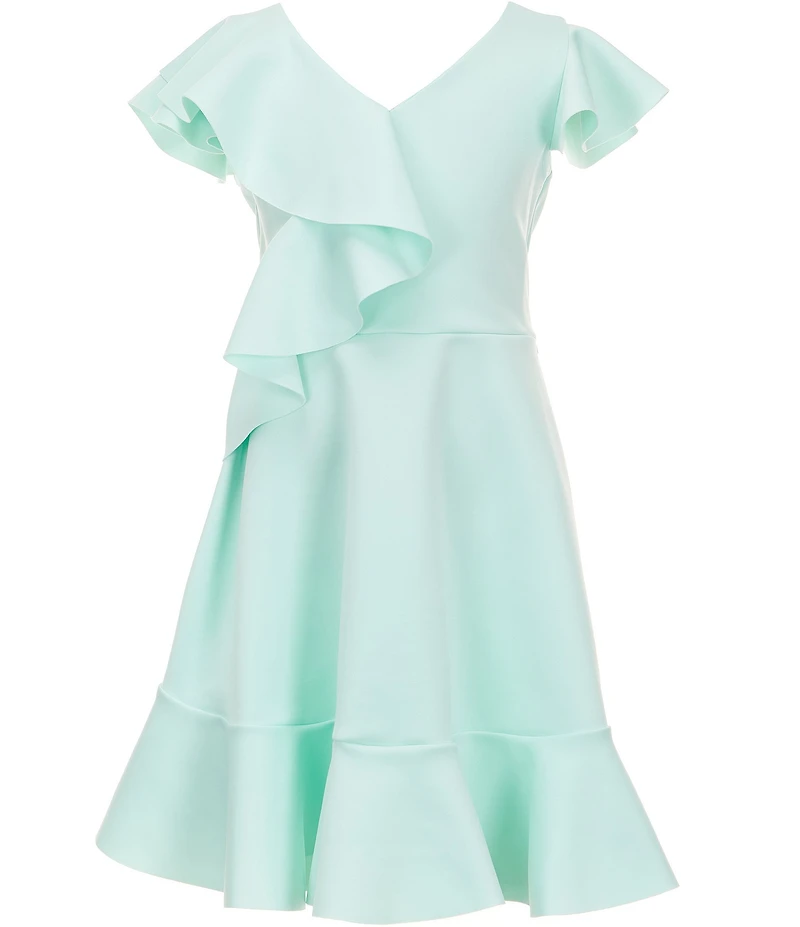 Bonnie Jean Big Girls Flutter-Sleeve Solid Cascading-Ruffle Scuba-Knit Fit-And-Flare Dress