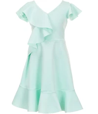 Bonnie Jean Big Girls Flutter-Sleeve Solid Cascading-Ruffle Scuba-Knit Fit-And-Flare Dress