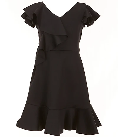 Bonnie Jean Big Girls Flutter-Sleeve Solid Cascading-Ruffle Scuba-Knit Fit-And-Flare Dress