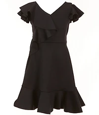 Bonnie Jean Big Girls Flutter-Sleeve Solid Cascading-Ruffle Scuba-Knit Fit-And-Flare Dress
