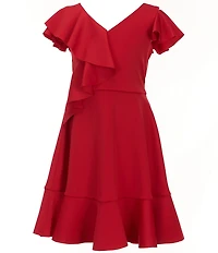 Bonnie Jean Big Girls Flutter-Sleeve Solid Cascading-Ruffle Scuba-Knit Fit-And-Flare Dress