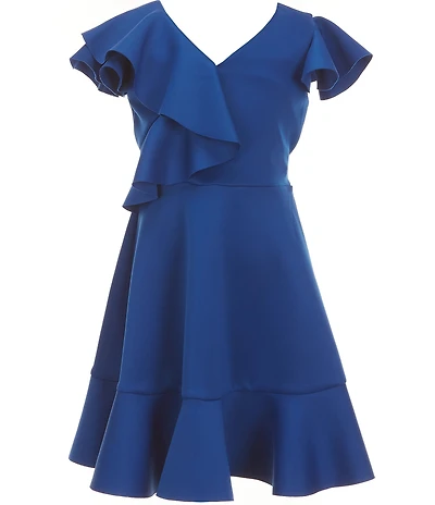 Bonnie Jean Big Girls Flutter-Sleeve Solid Cascading-Ruffle Scuba-Knit Fit-And-Flare Dress