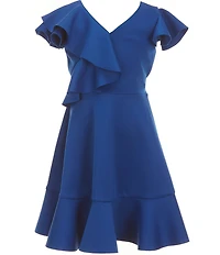 Bonnie Jean Big Girls Flutter-Sleeve Solid Cascading-Ruffle Scuba-Knit Fit-And-Flare Dress