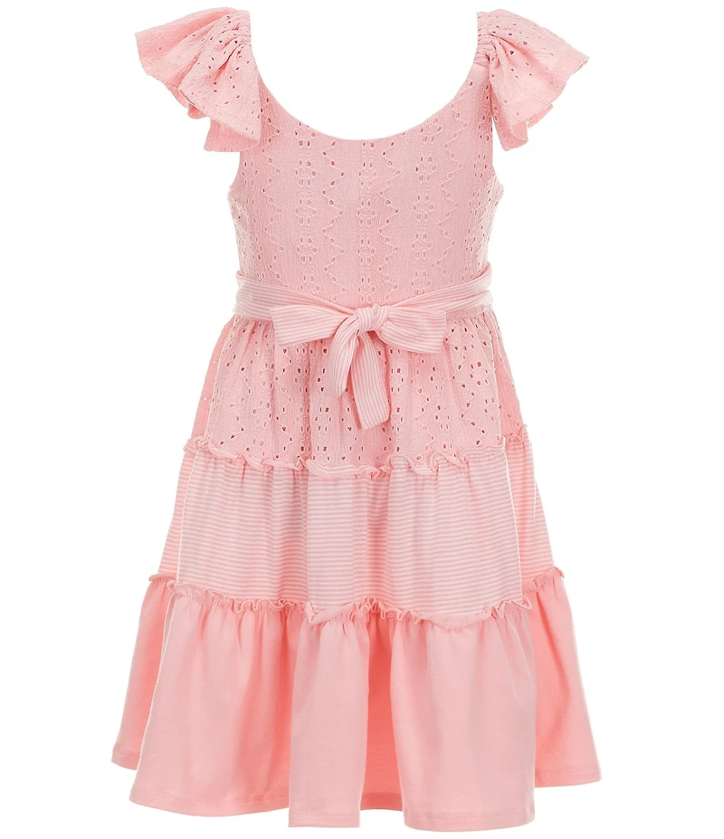Bonnie Jean Big Girls Flutter Sleeve Solid/Eyelet Embroidered Striped Ruffle Tier Skirt Dress