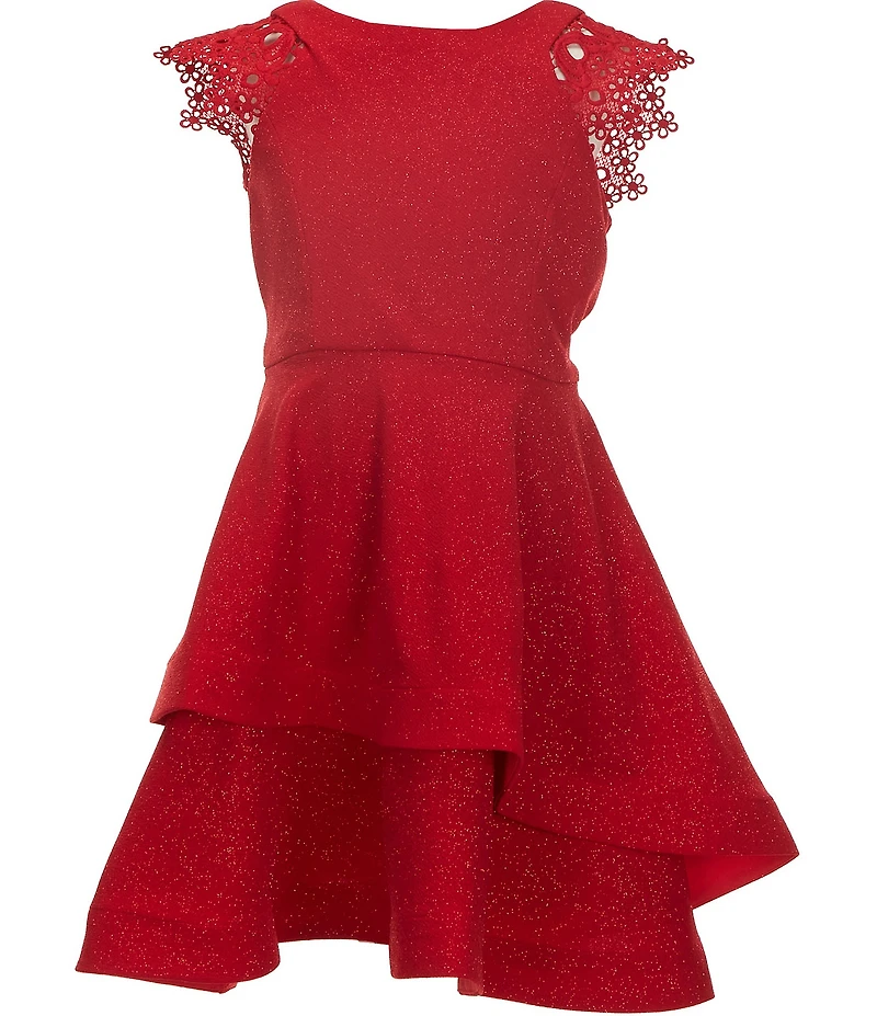 Bonnie Jean Big Girls Lace-Flutter-Sleeve Sparkle-Knit/Asymmetrical-Skirted Fit-And-Flare Dress