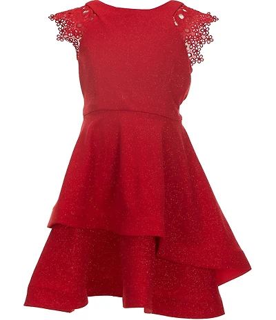 Bonnie Jean Big Girls Lace-Flutter-Sleeve Sparkle-Knit/Asymmetrical-Skirted Fit-And-Flare Dress