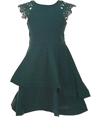 Bonnie Jean Big Girls Lace-Flutter-Sleeve Sparkle-Knit/Asymmetrical-Skirted Fit-And-Flare Dress