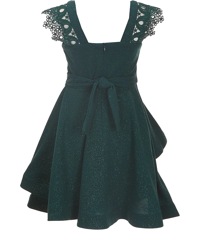 Bonnie Jean Big Girls Lace-Flutter-Sleeve Sparkle-Knit/Asymmetrical-Skirted Fit-And-Flare Dress