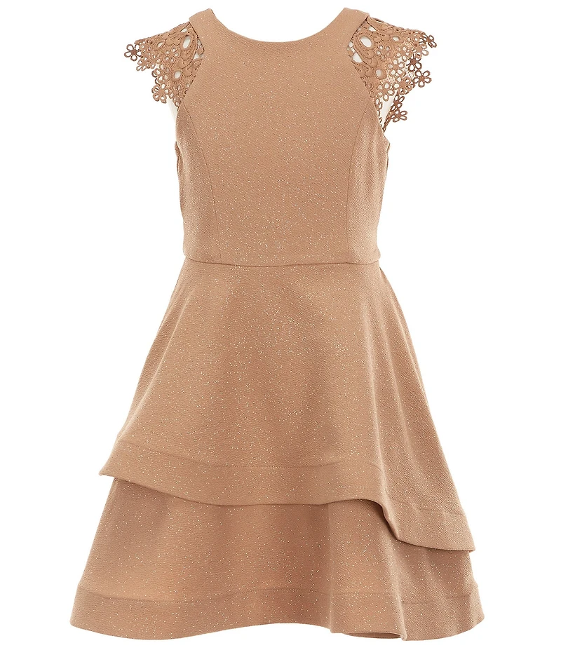 Bonnie Jean Big Girls Lace-Sleeve Sparkle-Knit Asymmetrical-Skirted Fit-And-Flare Dress