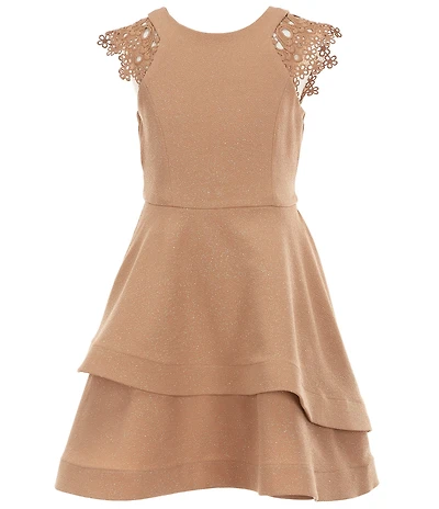 Bonnie Jean Big Girls Lace-Sleeve Sparkle-Knit Asymmetrical-Skirted Fit-And-Flare Dress