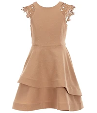 Bonnie Jean Big Girls Lace-Sleeve Sparkle-Knit Asymmetrical-Skirted Fit-And-Flare Dress