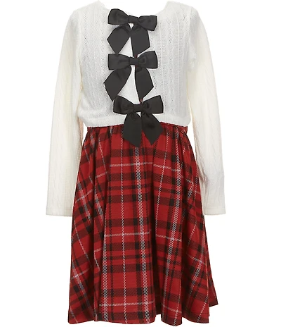 Bonnie Jean Big Girls Long Sleeve Cardigan Plaid Bow Fit-and-Flare Dress