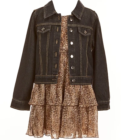 Bonnie Jean Big Girls Long-Sleeve Denim Jacket & Sleeveless Animal-Printed Chiffon Fit-And-Flare Dress Set