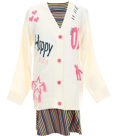 Bonnie Jean Big Girls Long-Sleeve Happy Cardigan Sweater & Short-Sleeve Horizontal/Vertical-Striped Rib-Knit Drop-Waist Dress