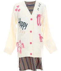 Bonnie Jean Big Girls Long-Sleeve Happy Cardigan Sweater & Short-Sleeve Horizontal/Vertical-Striped Rib-Knit Drop-Waist Dress
