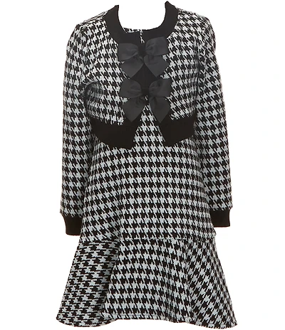 Bonnie Jean Big Girls Long-Sleeve Houndstooth Rib-Knit Jacket & Matching Sleeveless Fit-And-Flare Houndstooth Dress Set