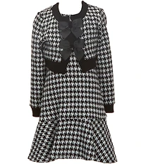 Bonnie Jean Big Girls Long-Sleeve Houndstooth Rib-Knit Jacket & Matching Sleeveless Fit-And-Flare Houndstooth Dress Set