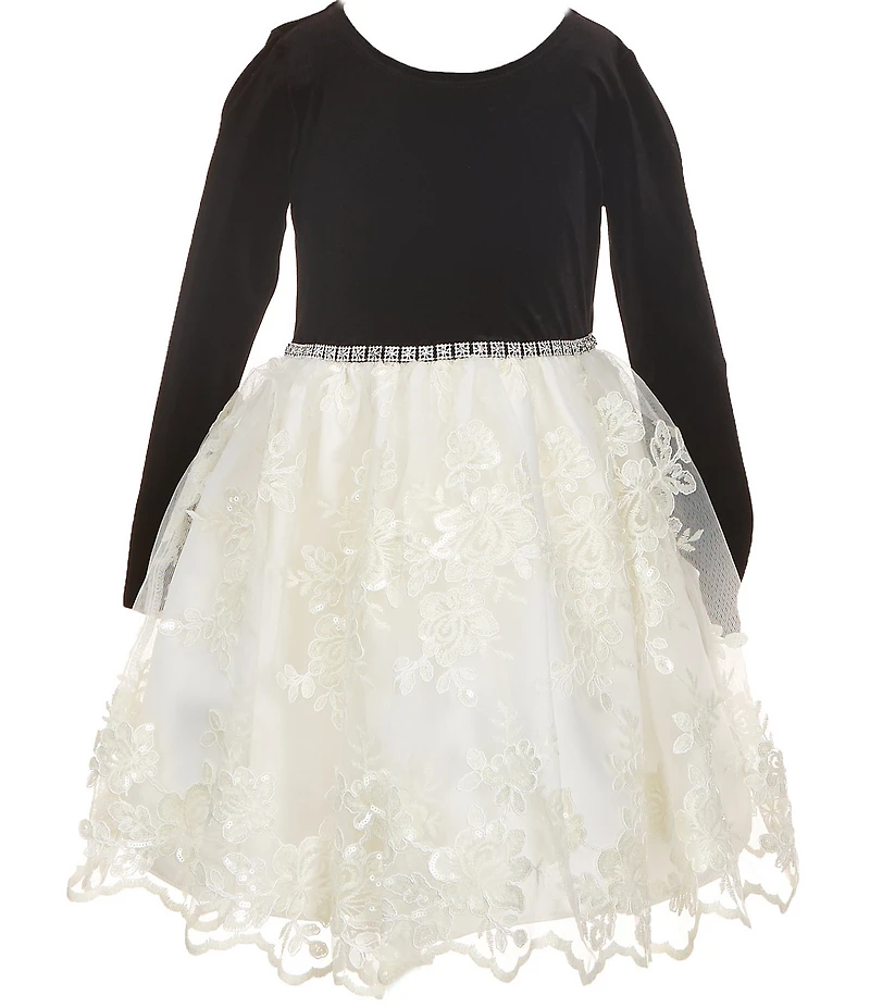 Bonnie Jean Big Girls Long Sleeve Velvet Beaded Waist Sparkle Trim Lace Dress