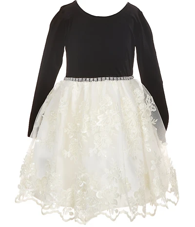 Bonnie Jean Big Girls Long Sleeve Velvet Beaded Waist Sparkle Trim Lace Dress