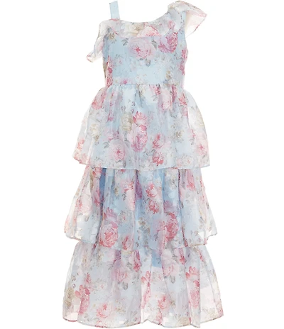 Bonnie Jean Big Girls One Shoulder Ruffle Floral Jacquard Chiffon Tiered Maxi Dress