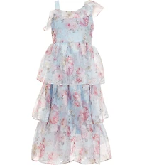 Bonnie Jean Big Girls One Shoulder Ruffle Floral Jacquard Chiffon Tiered Maxi Dress