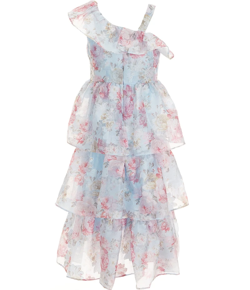 Bonnie Jean Big Girls One Shoulder Ruffle Floral Jacquard Chiffon Tiered Maxi Dress