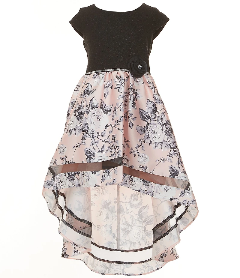 Bonnie Jean Big Girls Short-Sleeve Sparkle-Knit/Toile Mikado High-Low-Hem Fit-And-Flare Dress
