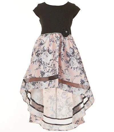 Bonnie Jean Big Girls Short-Sleeve Sparkle-Knit/Toile Mikado High-Low-Hem Fit-And-Flare Dress