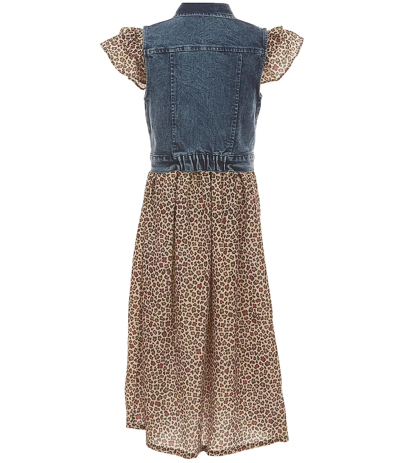 Bonnie Jean Big Girls Sleeveless Denim Vest & Flutter Sleeve Leopard Print Maxi Dress