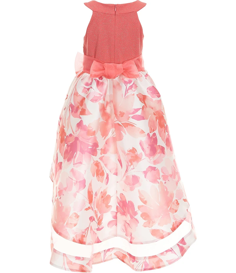 Bonnie Jean Big Girls Sleeveless Halter Sparkle Knit Floral Mikado High-Low-Hem Dress