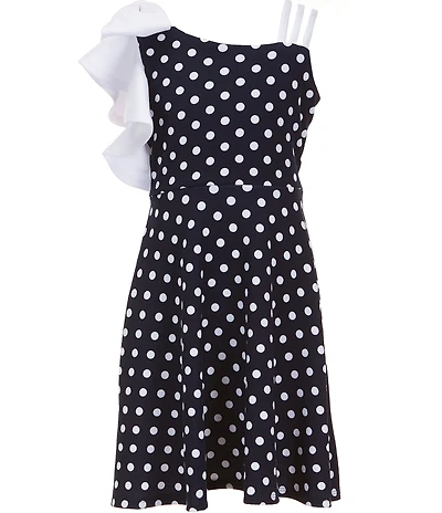 Bonnie Jean Big Girls Sleeveless One-Shoulder Polka-Dot Scuba-Knit Dress