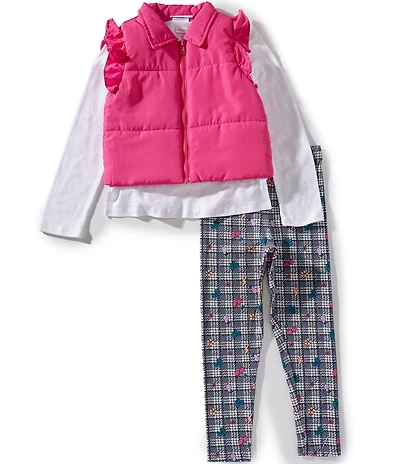 Bonnie Jean Big Girls Sleeveless Ruffle Puffer Vest, Longsleeve T-Shirt & Printed Leggings 3-Piece Set