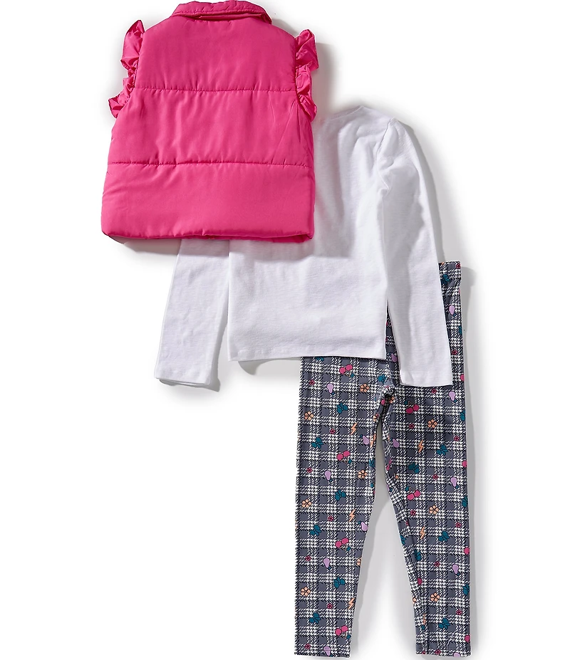 Bonnie Jean Big Girls Sleeveless Ruffle Puffer Vest, Longsleeve T-Shirt & Printed Leggings 3-Piece Set