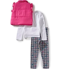 Bonnie Jean Big Girls Sleeveless Ruffle Puffer Vest, Longsleeve T-Shirt & Printed Leggings 3-Piece Set