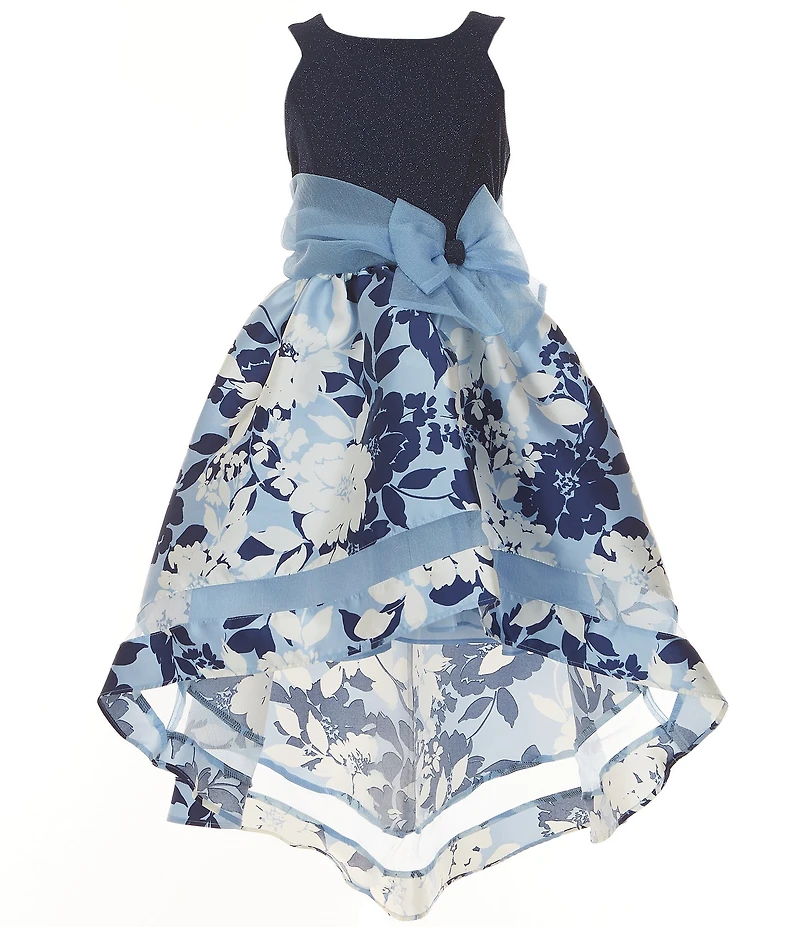 Bonnie Jean Big Girls Sleeveless Sparkle-Knit/Floral-Mikado High-Low-Hem Fit-And-Flare Dress