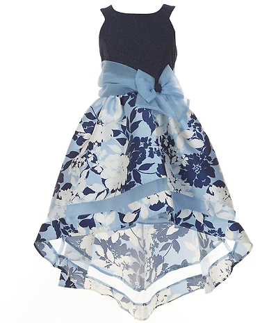 Bonnie Jean Big Girls Sleeveless Sparkle-Knit/Floral-Mikado High-Low-Hem Fit-And-Flare Dress
