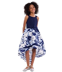 Bonnie Jean Big Girls Sleeveless Sparkle-Knit/Floral-Mikado High-Low-Hem Fit-And-Flare Dress