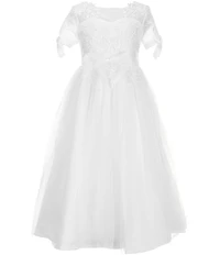 Bonnie Jean Big Girls Tie-Sleeve Appliqued-Bodice/Tulle-Skirted Communion Dress