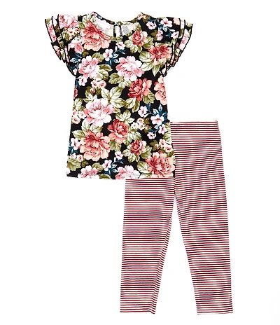 Bonnie Jean Little Girls Floral Print Triple Ruffle Short Sleeve & Stripe Legging 2-Piece Set