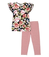 Bonnie Jean Little Girls Floral Print Triple Ruffle Short Sleeve & Stripe Legging 2-Piece Set