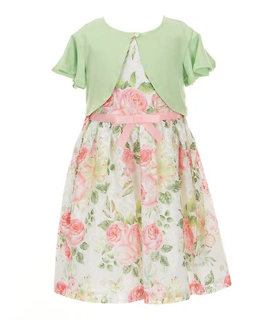 Bonnie Jean Little Girls Flutter-Sleeve Knit Cardigan & Sleeveless Floral-Printed Metallic Lace Fit & Flare Dress Set