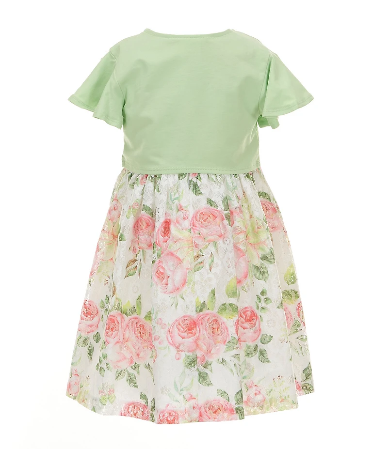 Bonnie Jean Little Girls Flutter-Sleeve Knit Cardigan & Sleeveless Floral-Printed Metallic Lace Fit & Flare Dress Set