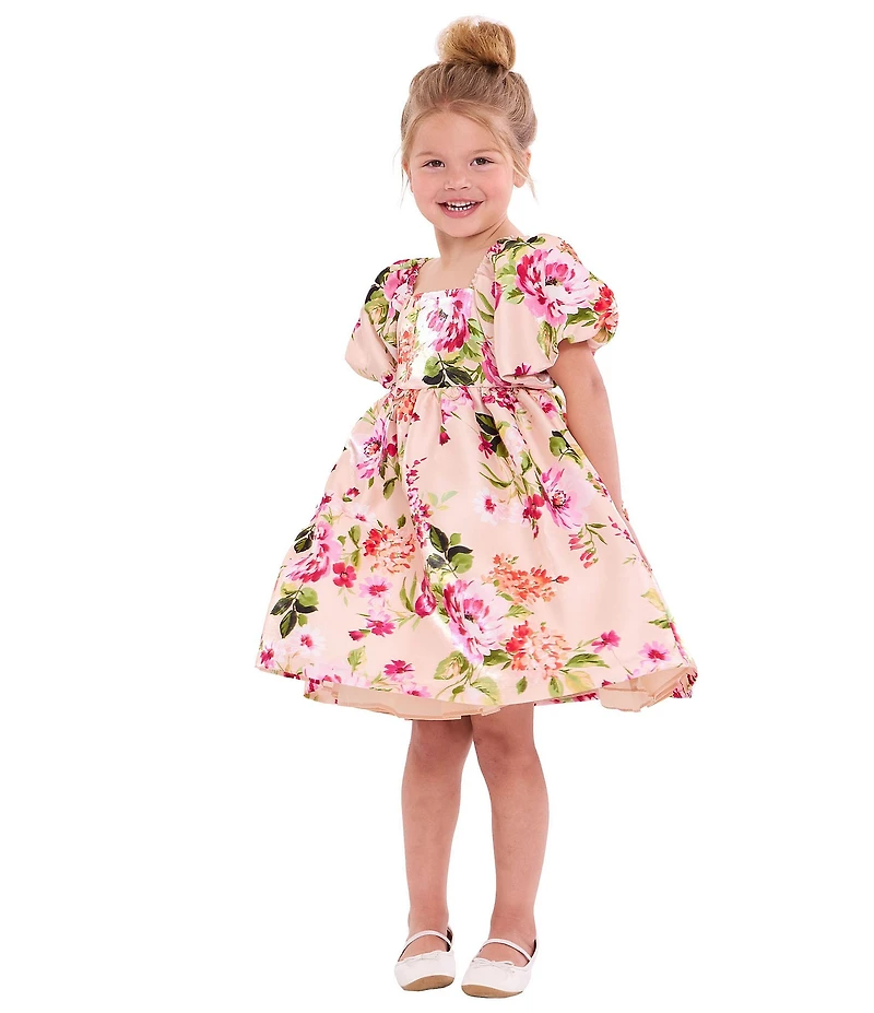 Bonnie Jean Little Girls Puff-Sleeve Floral Mikado Empire-Waist Dress
