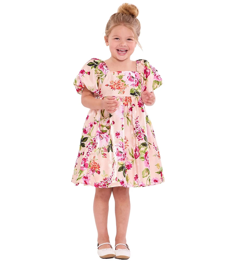 Bonnie Jean Little Girls Puff-Sleeve Floral Mikado Empire-Waist Dress
