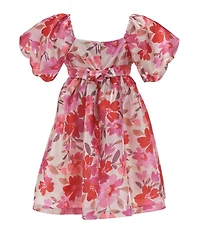 Bonnie Jean Little Girls Puffed-Sleeve Floral-Printed Satin Fit & Flare Dress