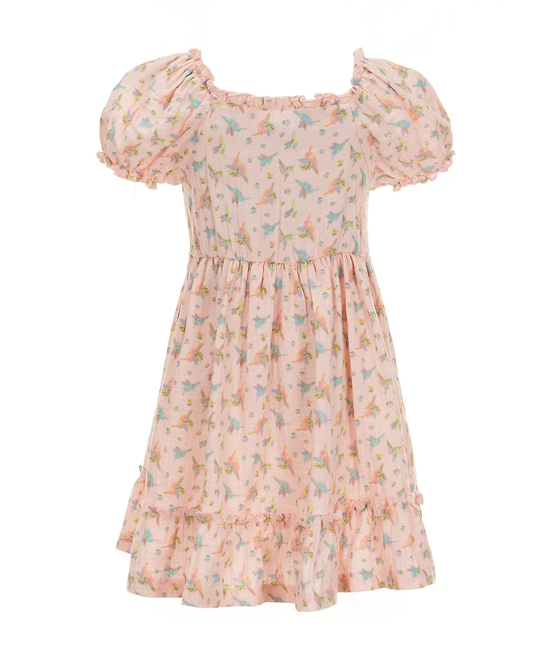 Bonnie Jean Little Girls Puffed-Sleeve Hummingbird Printed A-Line Dress