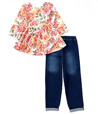 Bonnie Jean Little Girls Short Sleeve Floral Print Top & Roll-Up Cuff Jeans Set