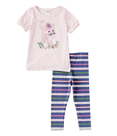 Bonnie Jean Little Girls Short-Sleeve Sequin-Embellished Glitter-Accented Cat Print T-Shirt & Striped Leggings Set