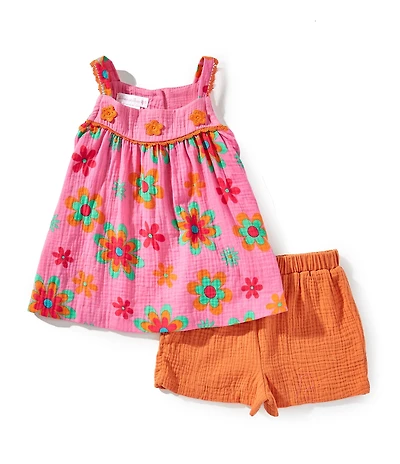 Bonnie Jean Little Girls Sleeveless Flower Printed Gauze Tunic Top & Solid Gauze Shorts Set